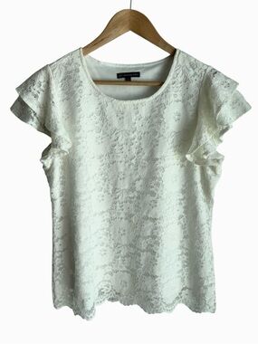 Adrianna Papell Short Sleeve Lace Top Sz L White Overlay Summer Shirt Blouse EUC